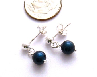 Blue Pearl Earrings Drop Pearl Earrings, Sterling Silver Royal Blue Drop Earrings Pearl Bridal Jewelry Blue Wedding Jewelry Bridesmaids Gift