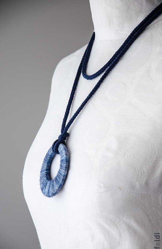 Knitted necklace fiber jewelry necklace blue fiber necklace