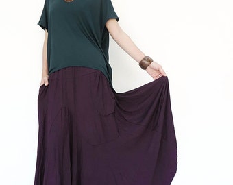 NO.136 Plum Rayon Spandex Softly Softly Asymmetrical Skirt, Long Maxi Skirt
