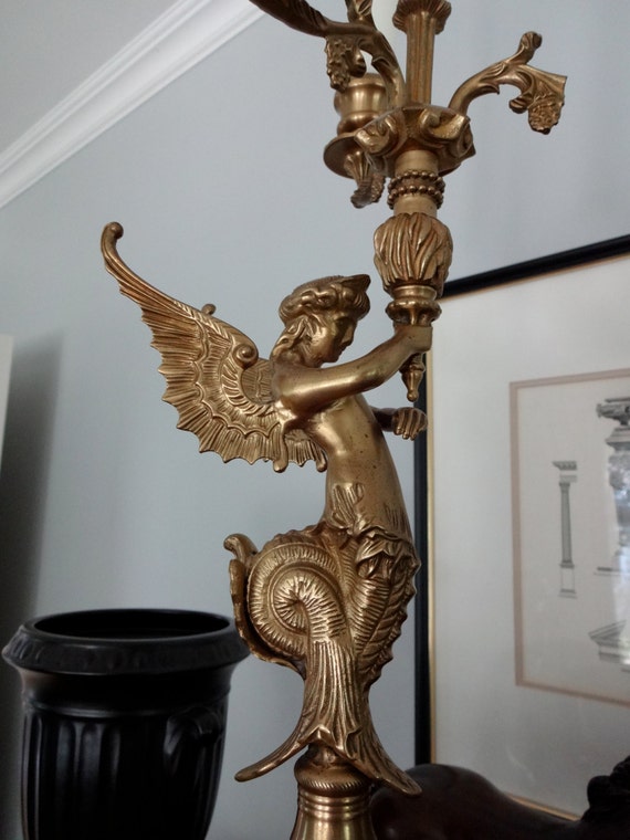 Neoclassical antique brass mermaid candelabra by TheEnglishManor