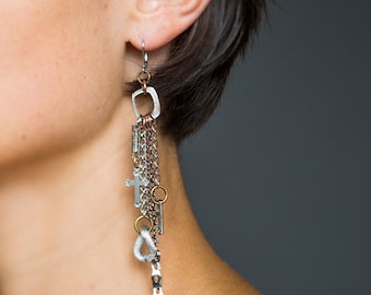 Mixed chains statement earrings, boho chain pendant earrings, silver cross charms, bold silver chain earrings