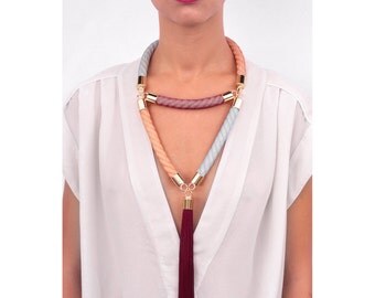 Multicolored Rope Statement Necklace.Large.Oversized Jewelry.Tassel.Autumn Necklace.Geometrical.Triangle Necklace
