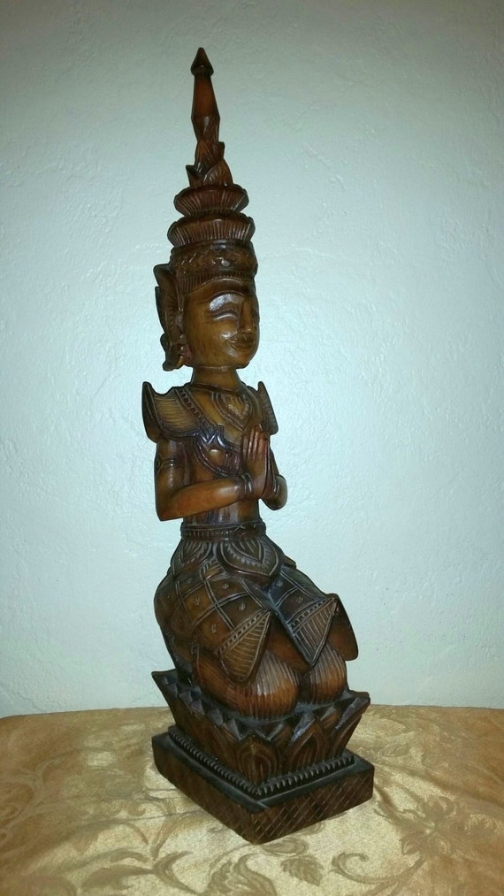 Antique Vintage Thai Teppanom Angel Buddha Statue Carved Wood