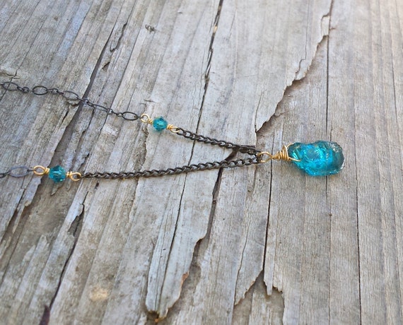 Teal Blue Quartz Necklace Oxidized Sterling Silver Gold Gemstone Necklace Raw Quartz Necklace Ocean Blue Rustic Organic Earthy Mixed Metal