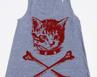 womans racerback tank top- kitten crossbones- American Apparel athletic gray - available in XS,S,M, L- Worlwide Shipping