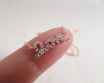 Rose gold Love Necklace with CZ, Love Script Necklace, Cursive Writing Love Necklace, Letter Love Necklace, Wedding, Bridesmaid Gift
