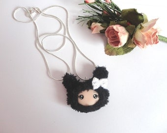 Necklace with Bunny Doll face with polymer clay fabric furry chain snake kawaii cute collier fille lapin rose