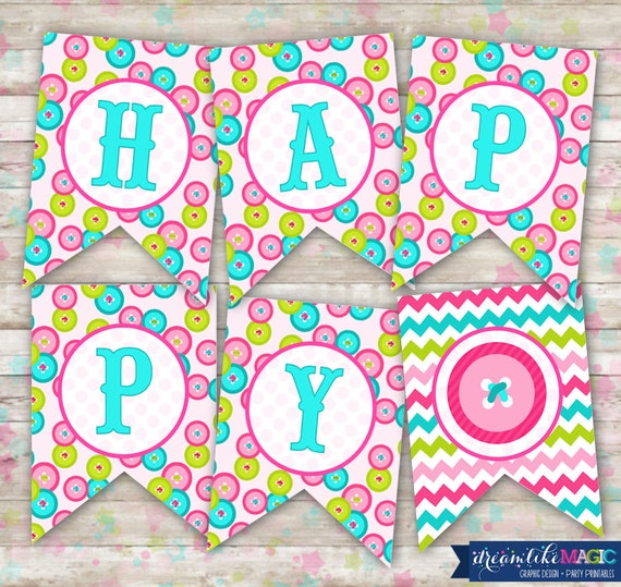 Cute as a Button Happy Birthday Banner Printable DIY INSTANT