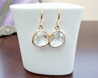 Gold crystal earrings, Crystal glass drop earrings, Wedding jewelry, Bridesmaid earrings, Prom earrings, Simple everyday jewelry