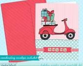 christmas card printable kit - red retro scooter holiday greeting card printable INSTANT download PDF Il_170x135