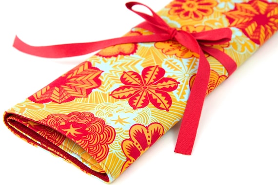 Knitting Needle Case - Butterscotch -IN STOCK Large Organizer 30 Red Pockets for All Sizes