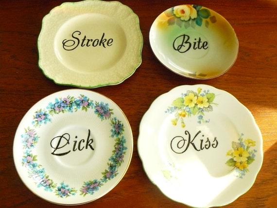 Erotica Set Of 4 Hand Painted Vintage Plates With Words Stroke