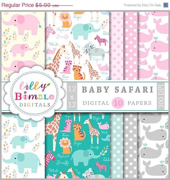 50% off Baby Safari Digital Papers Elephants, Giraffe, Lion Baby Shower zebra digital scrapbooking paper INSTANT DOWNLOAD Il_570xn