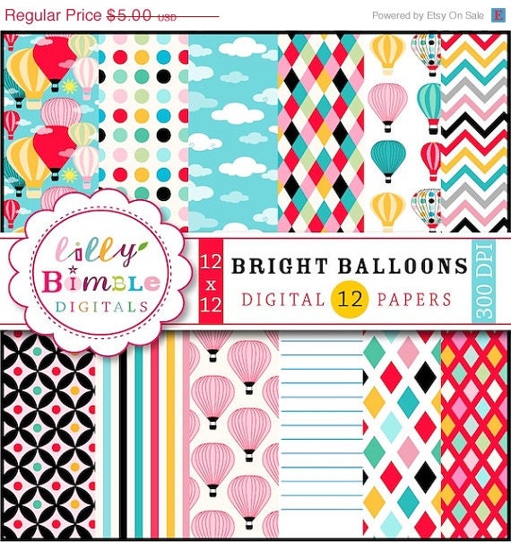 50% off Hot Air Balloons digital papers Balloons bright colors birthday invites, cardmaking, scrapbooking Instant Download Il_570xn
