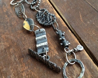 BOHO Silver Charm Bracelet wire wrapped gemstone Gold Keum Boo funky stamped Silver heart Bracelet