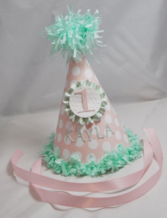 1st Birthday Party Hat Girl- Pink and Mint Green- Polka Dots Il_570xn