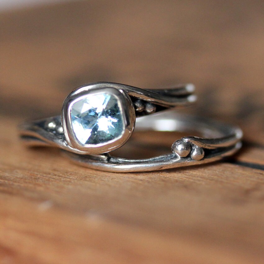 Rustic engagement ring set aquamarine gemstone ring