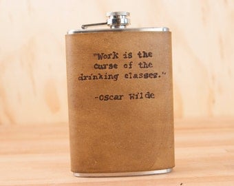 8oz Flask - Oscar Wilde in Antique Brown - leather and stainless steel