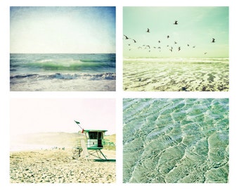 Beach photography pastel yellow aqua teal beach art waves birds print beach cottage decor four prints 5x7 8x10 11x14