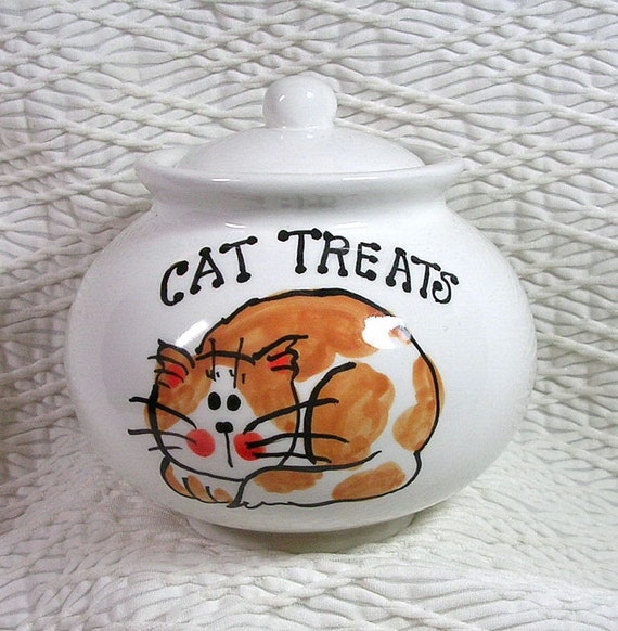 Cat Treat Jar Ginger & White Cat Ceramic Holder With Lid