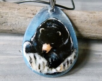 Beautiful Black bear necklace - fused glass pendant,