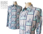 70s Mens Shirt | Vintage DECO BLUE FOREST VIntage 1970s Tree Theme Shirt