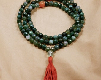 Moss Agate Mala Necklace w Prehnite & Aventurine Balance and Determination