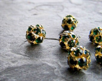 Pantone 2017, Vintage Beads-Vintage Stunning Czech Emerald 10mm Rhinestone Gold Plated Bead Balls-6