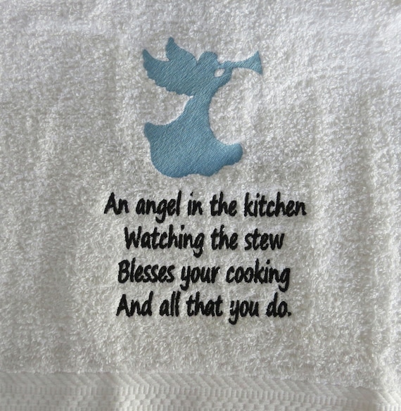 Angel with Trumpet Kitchen Towel Saying Embroidery Design