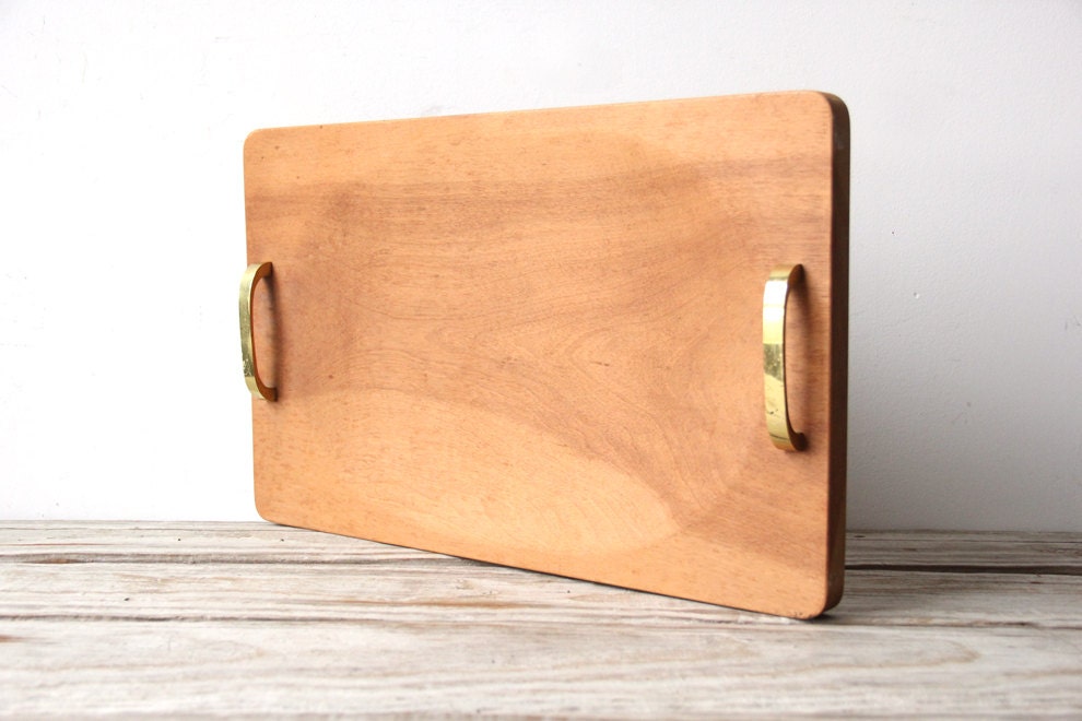 Large Wood Modern Serving Tray with Brass Handles