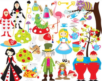Alice in Wonderland clipart - Alice clip art, mad hatter queen of hearts tweedle dee dum cheshire cat caterpillar roses tea teacups teapot