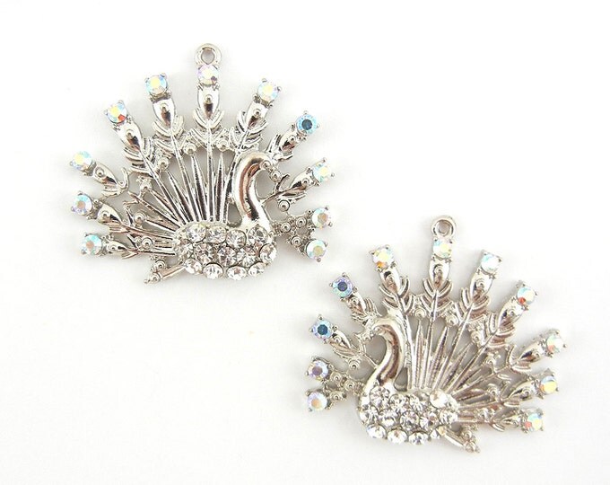 Peacock Charms with Rhinestone Accents Pair of Silver-tone BIRD