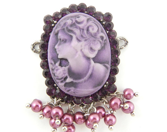 Double Side Link Purple Acrylic Cameo Focal Charm Pendant Amethyst Rhinestones