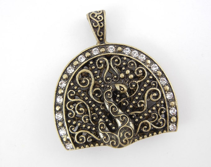 Antique or Burnished Gold-tone Dimensional Filigree Peacock Pendant