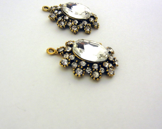 Pair of Oval Crystal Pave Burnished Gold-tone Charms