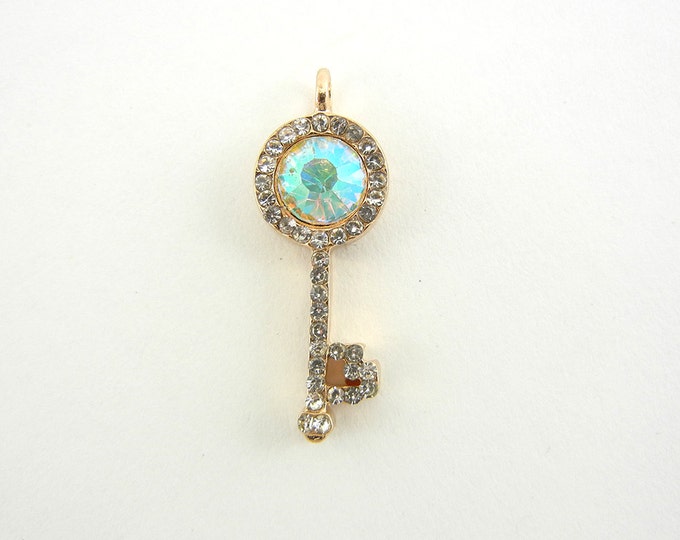 Small Aurora Borealis Rhinestone Skeleton Key Pendant Charm Gold-tone