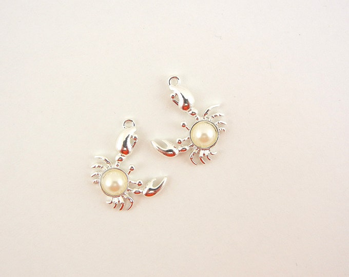 Pair of Bright Silver-tone Crab with Pearl Charms