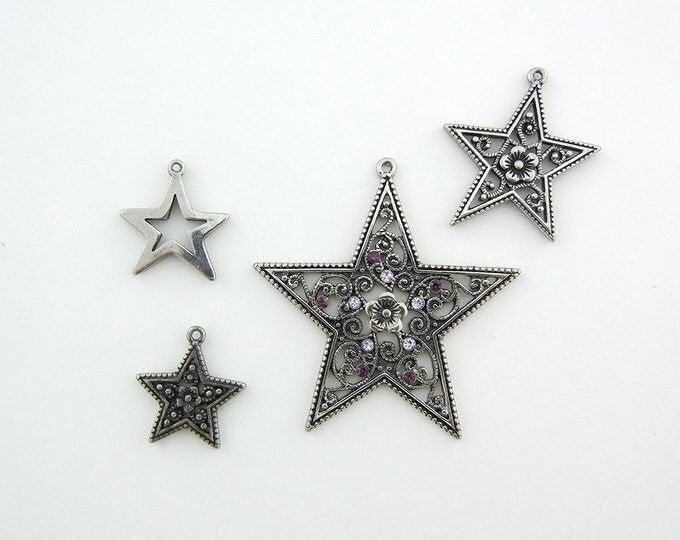 Set of 4 Antique Silver-tone Star Charms