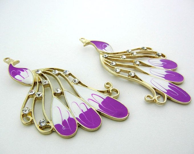 Pair of Gold-tone Peacock Charms with Purple Epoxy Rhinestones