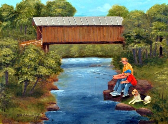 Fishing Bunker Hill Covered Bridge North Carolina Man Boy Basset Hound ...