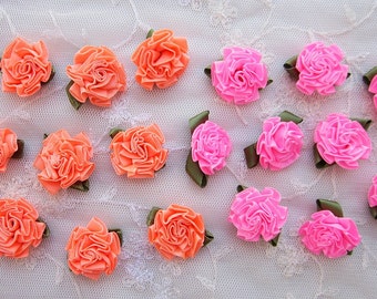 18pc PINK ORANGE Satin Ribbon Fabric Flower Applique Shabby Chic Baby Doll Carnation Cabbage Rose Bow