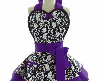 Retro Apron - Damask Full Apron - Kitchen Apron - Womens Apron - Wedding Apron - Pin up Apron