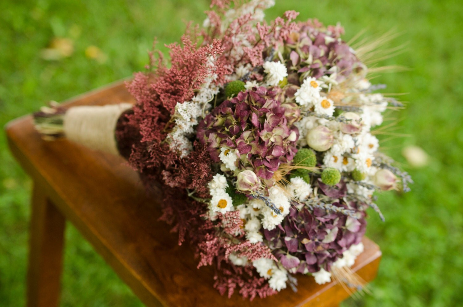 Burgundy hydrangea bridal bouquet woodland by