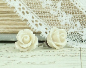 Cream Rose Earrings Cream Flower Studs Rose Stud Earrings Cream Rose Studs Surgical Steel Studs