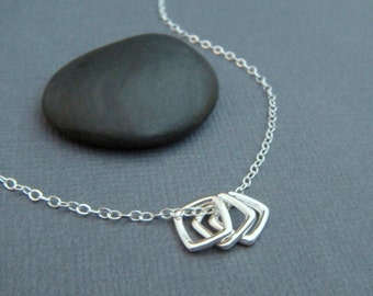 tiny squares necklace. silver geometric necklace. three square diamond. sterling silver everyday necklace. zen jewelry. minimalist trio 3/8"