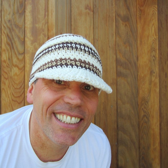 mens cotton visor beanie/ cocoa cream crochet