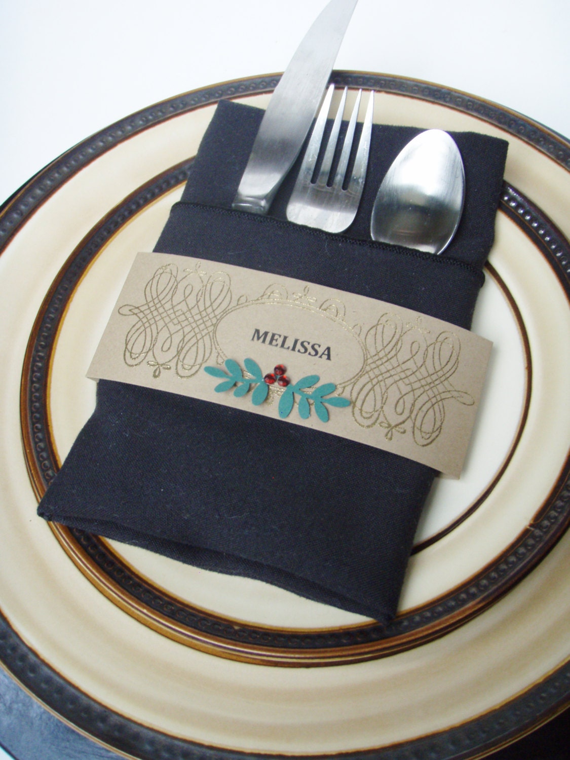 Personalized Napkin Wraps with Gold Embossed Swirl with Holly Detail- Belly Band- Kraft Cardstock-Handmade-Set of 10- Buy 10 get 2 free