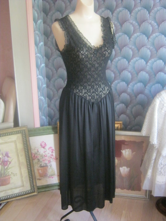 Vintage Black nylon nightgown mid calf black lace by lovinglola