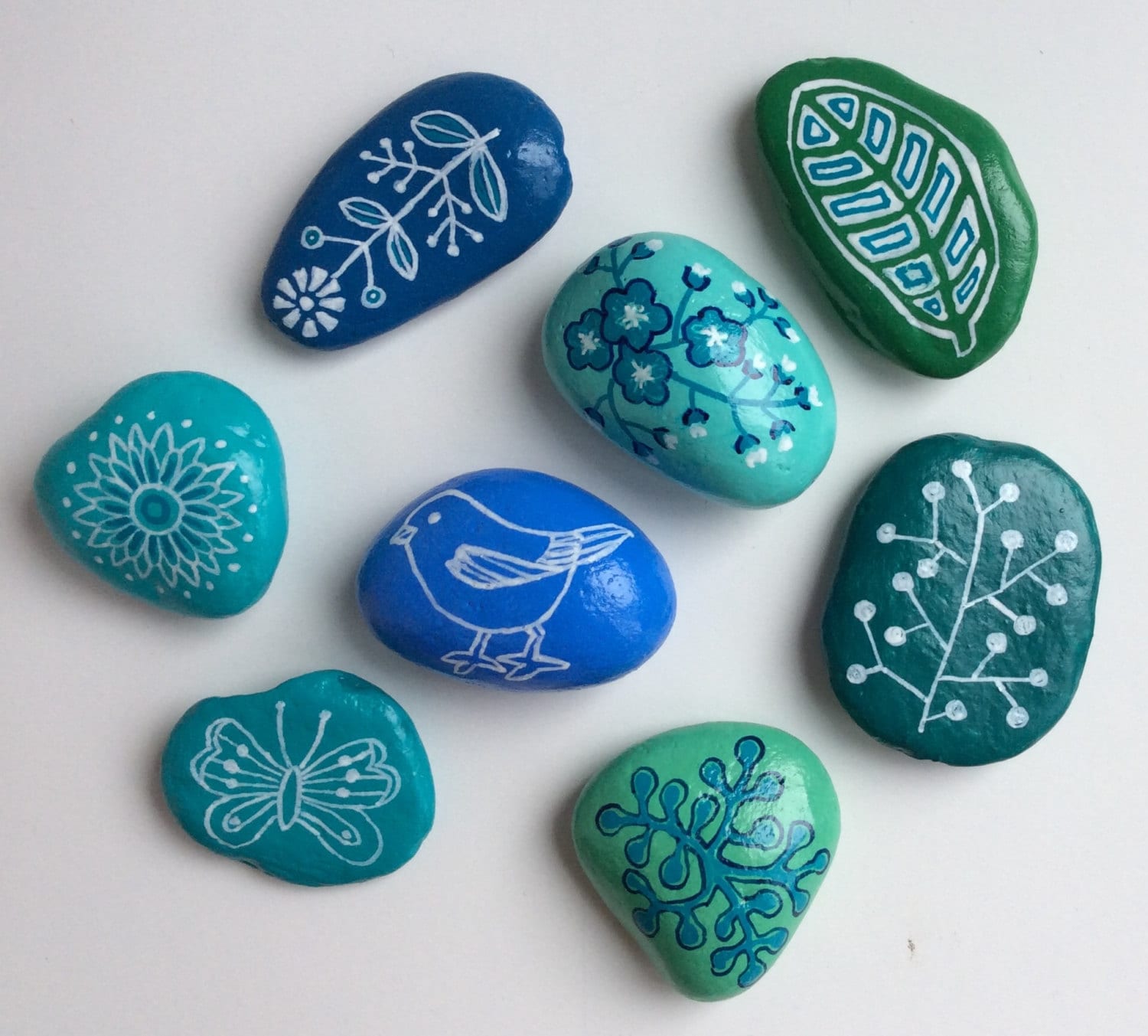 Blue green and aqua painted rocks set of eight