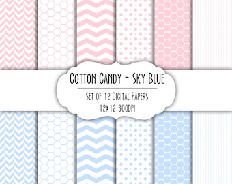 Cotton Candy Pink & Sky Blue Digital Scrapbook Paper 12x12 - Set of 12 - Dot, Chevron, Hexagon - Instant Download - Item# 8185